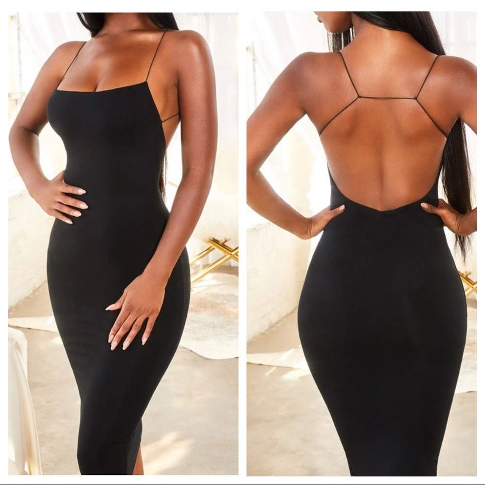 Oh Polly less drama black backless bodycon midi dress